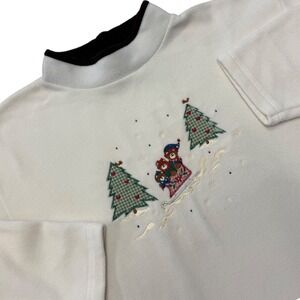 Endless Designs Large Fleece Mock Neck Sweatshirt Cream Christmas Embroidered